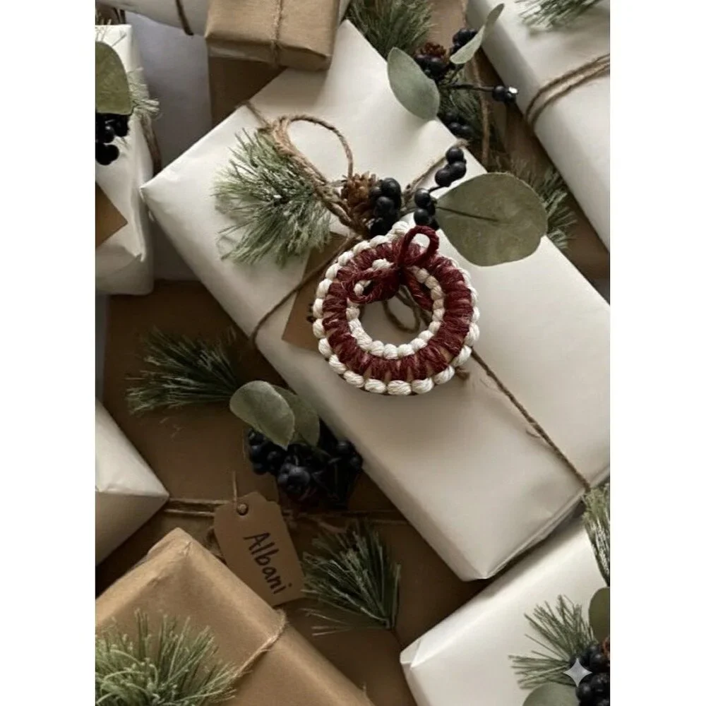 Handmade 6 pack of wool yarn wreath ornaments Burgundy/Cream Holiday Christmas